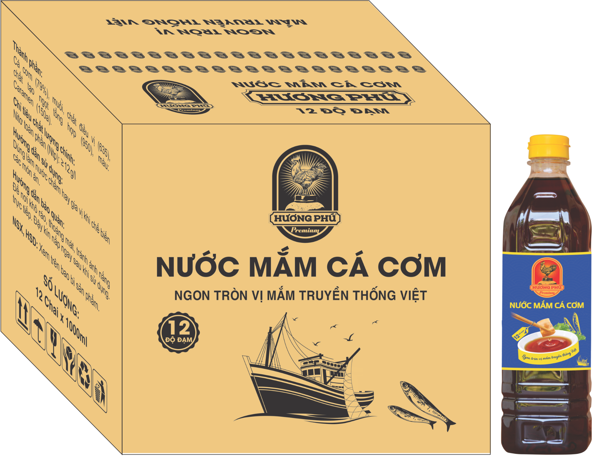 THÙNG 12 CHAI NƯỚC MẮM CÁ CƠM HƯƠNG PHÚ - 12 ĐỘ ĐẠM - 1000ML