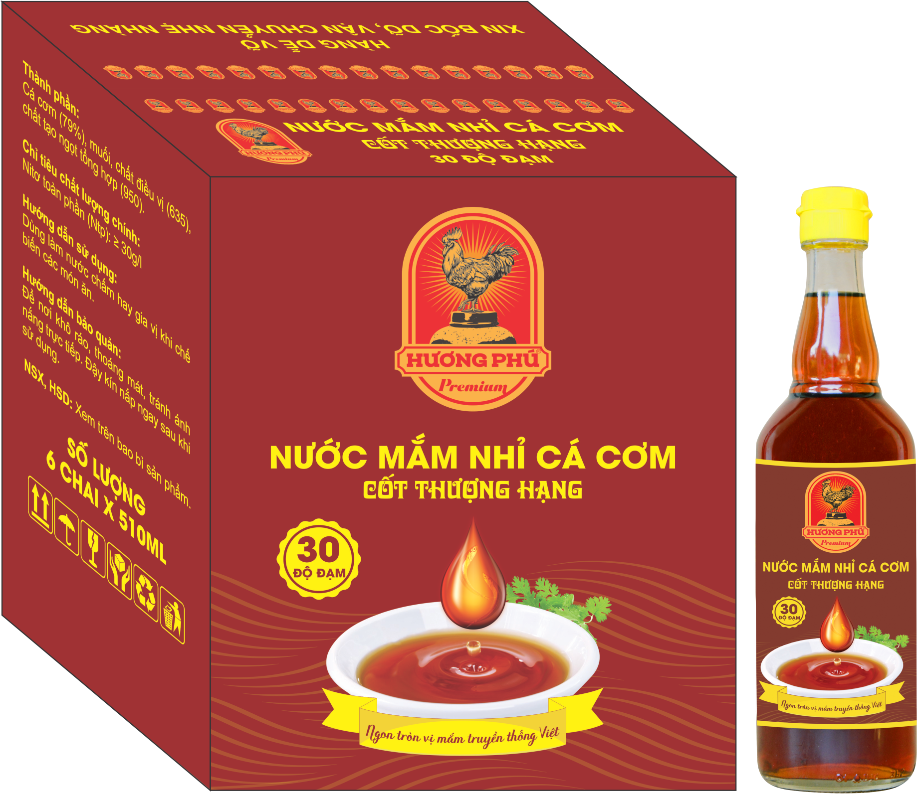 THÙNG 06 CHAI NƯỚC MẮM NHỈ CÁ CƠM CỐT THƯỢNG HẠNG HƯƠNG PHÚ - 30 ĐỘ ĐẠM - 510ML