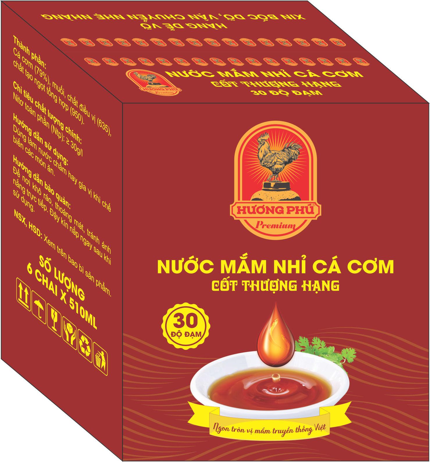 THÙNG 06 CHAI NƯỚC MẮM NHỈ CÁ CƠM CỐT THƯỢNG HẠNG HƯƠNG PHÚ - 30 ĐỘ ĐẠM - 510ML