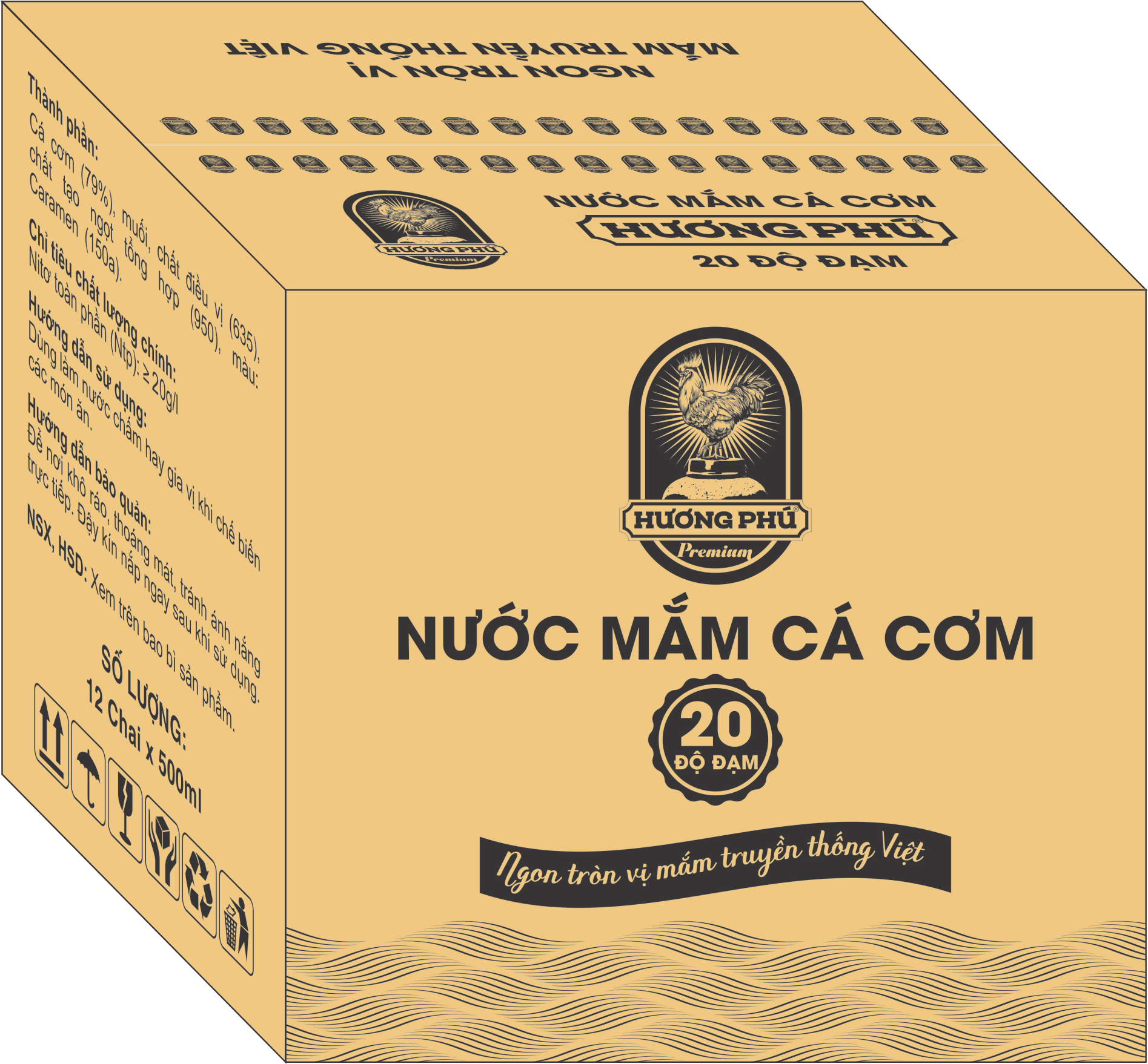 THÙNG 12 CHAI NƯỚC MẮM CÁ CƠM HƯƠNG PHÚ - 20 ĐỘ ĐẠM - CHAI NHỰA 500ML