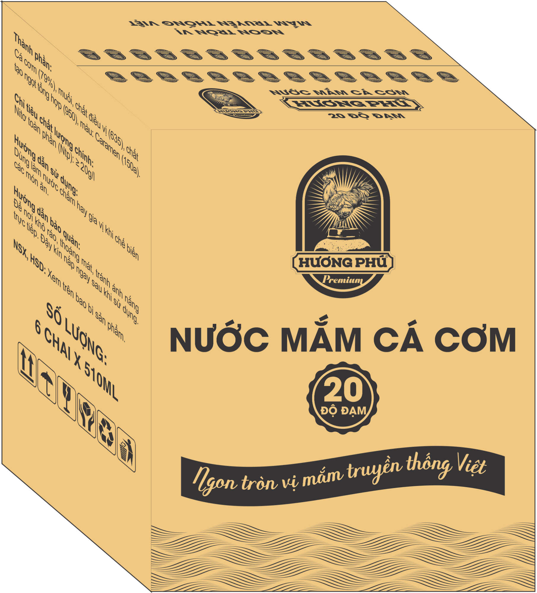 THÙNG 06 CHAI NƯỚC MẮM CÁ CƠM HƯƠNG PHÚ - 20 ĐỘ ĐẠM - CHAI THỦY TINH 510ML