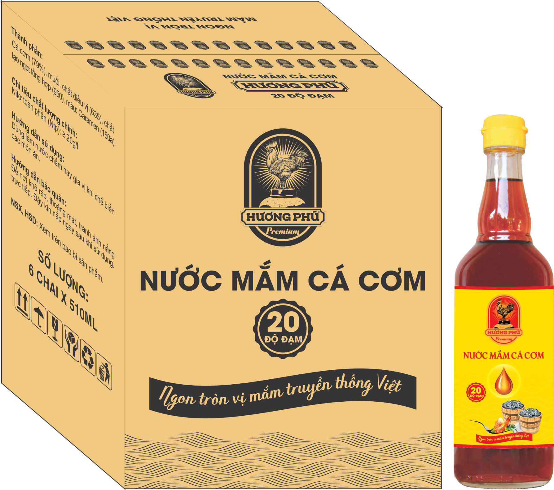 THÙNG 06 CHAI NƯỚC MẮM CÁ CƠM HƯƠNG PHÚ - 20 ĐỘ ĐẠM - CHAI THỦY TINH 510ML